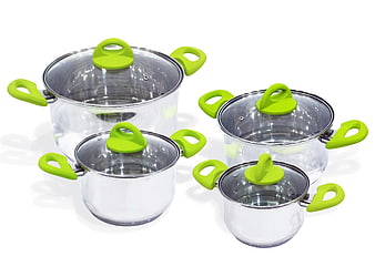 Set of stainless steel pots with green handles and glass lids
