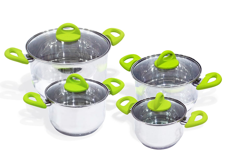 Set of stainless steel pots with green handles and glass lids