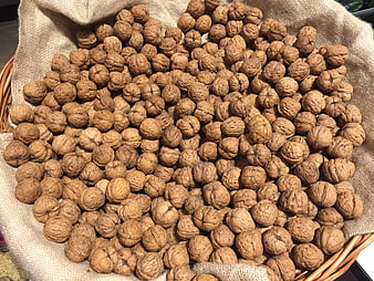 Pile of raw walnuts in a burlap sack