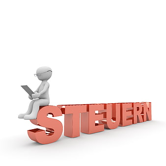 3D Man Sitting on Red STEUERN Text with Laptop
