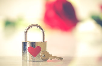 Romantic Brass Padlock With Red Heart And Key