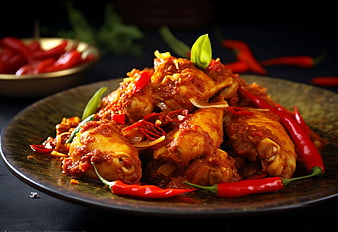 Spicy Chicken Wings with Red Chilies on Dark Plate