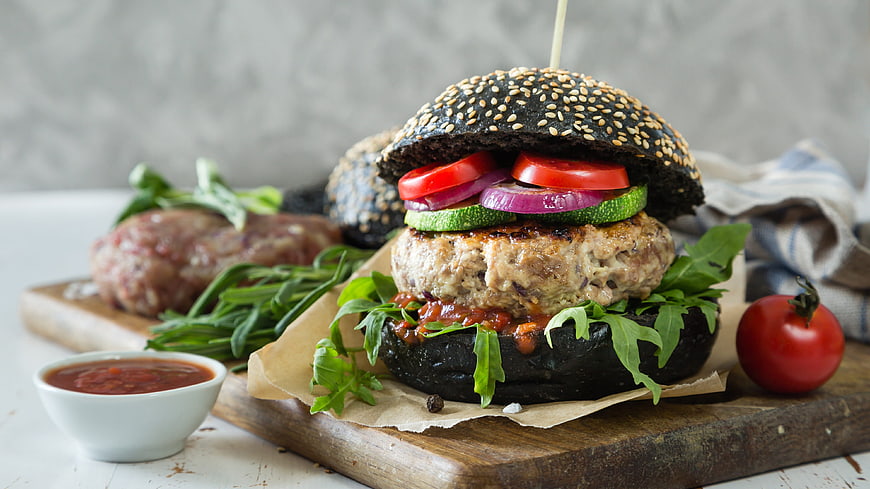Vegan Black Sesame Burger with Fresh Vegetables and Raw Patty