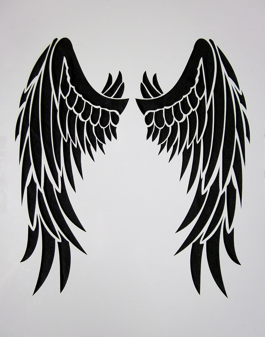 Black Tribal Angel Wings Stencil Template on White Background