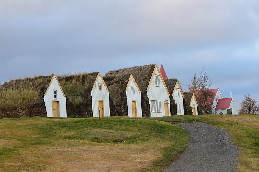 Traditional Icelandic turf houses with grass roofs
