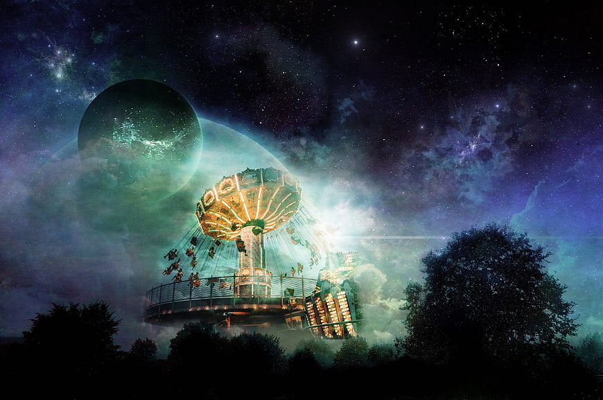Fantasy Carousel Ride in Space with Giant Planet and Stars