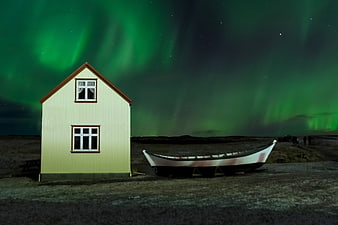 Small Yellow House And Boat Under Green Aurora Borealis Night Sky