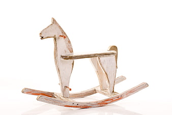 Vintage White Wooden Rocking Horse Toy on White Background