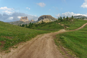 Dirt path winding through green alpine meadow with mountains