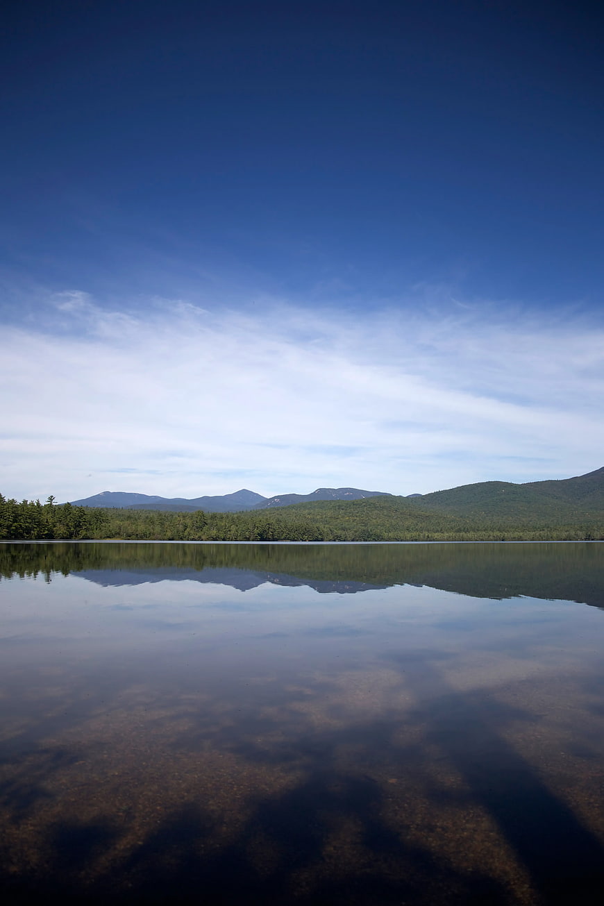 Serene Lake Landscape with Mountain Reflections and Blue Sky