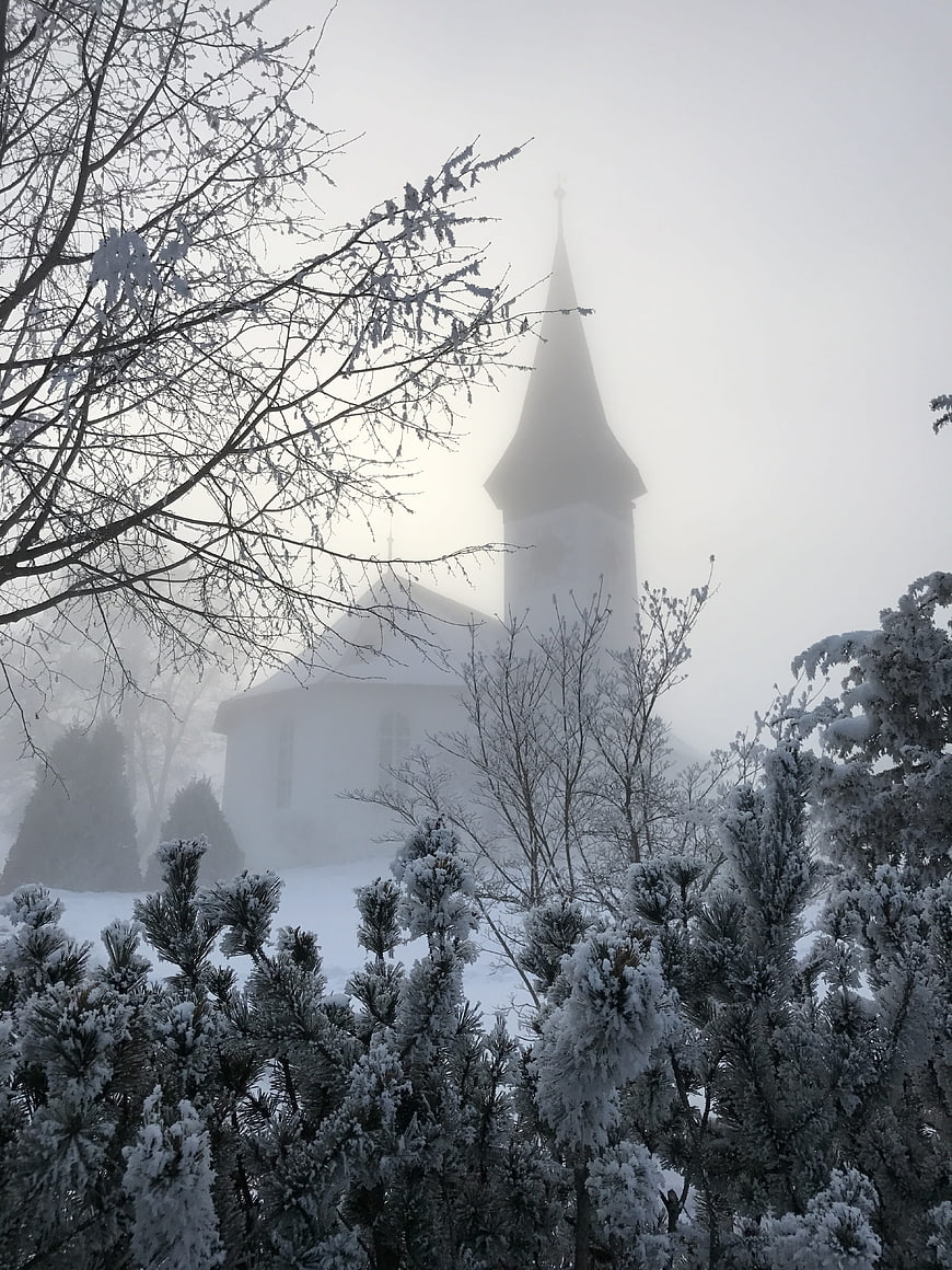 Snowy church spire emerging from thick winter fog