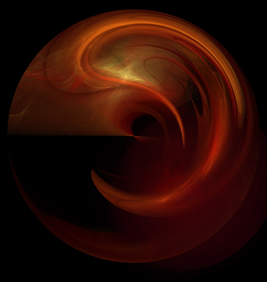 Abstract red and orange swirling fractal art on black background