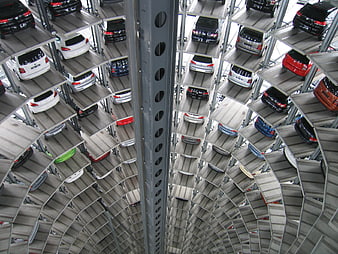 Aerial view of multi-story automated car parking tower