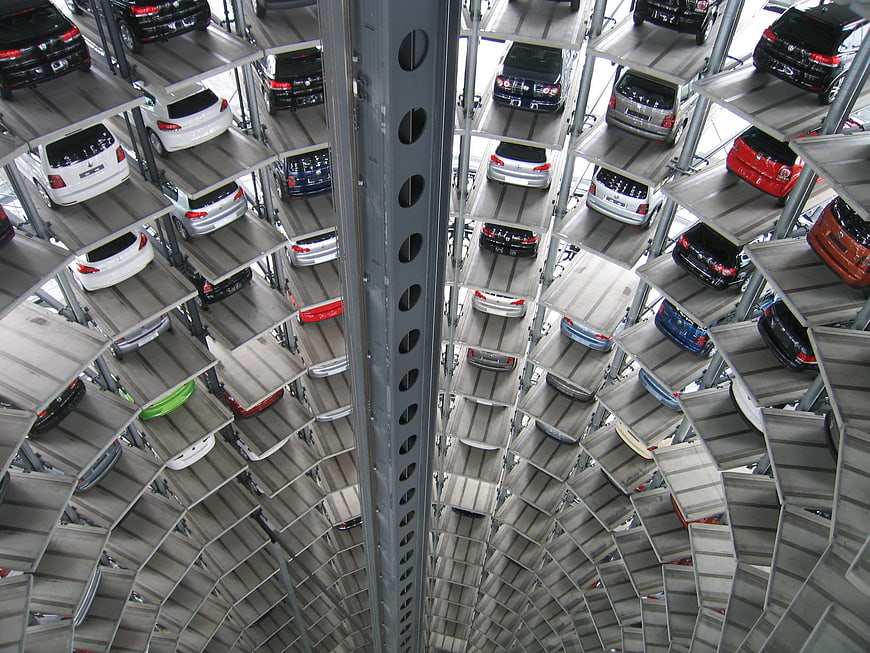 Aerial view of multi-story automated car parking tower