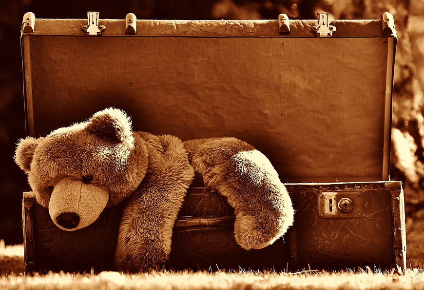 Vintage Teddy Bear in Old Sepia Suitcase