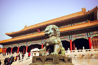 Bronze Guardian Lion Statue At The Forbidden City In Beijing, China