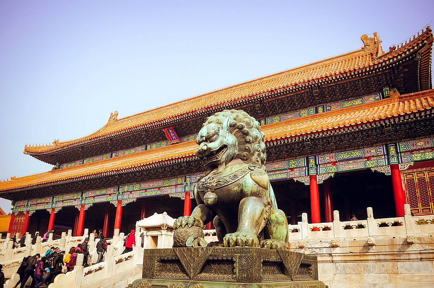 Bronze Guardian Lion Statue At The Forbidden City In Beijing, China