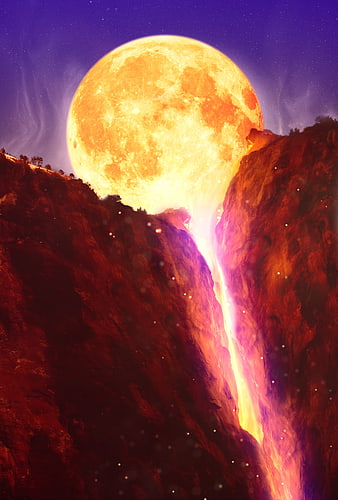 Giant glowing moon rising over a canyon with a waterfall of light