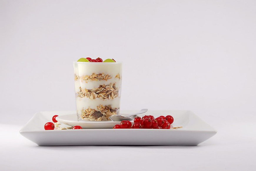 Healthy Breakfast Parfait with Granola and Red Currants