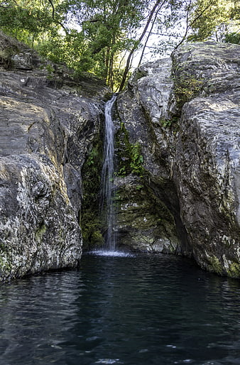 Small waterfall cascading into a dark pool in a rocky forest