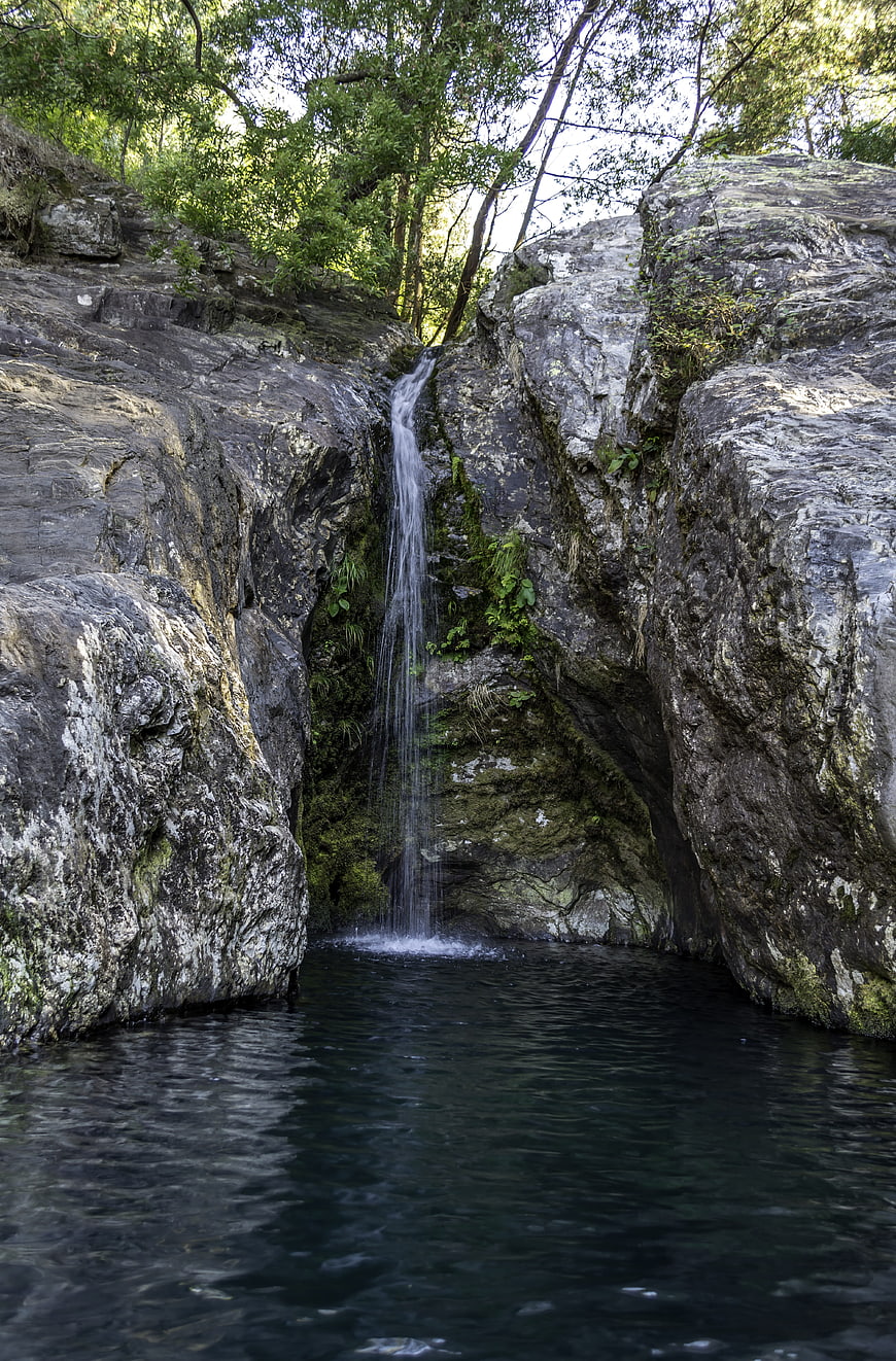 Small waterfall cascading into a dark pool in a rocky forest