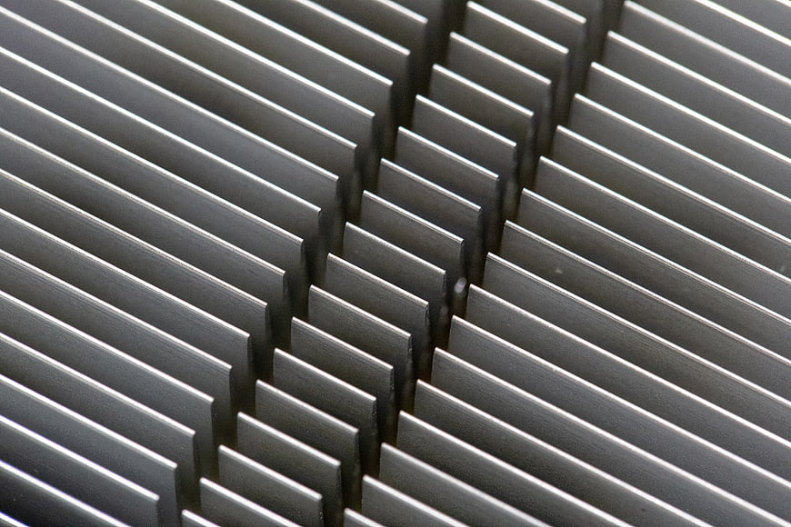 Close-up of silver aluminum heat sink fins pattern