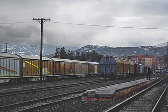 Freight trains on tracks with snowy mountains background