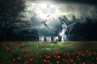 Religious Resurrection Concept with Angel and Jesus in Clouds