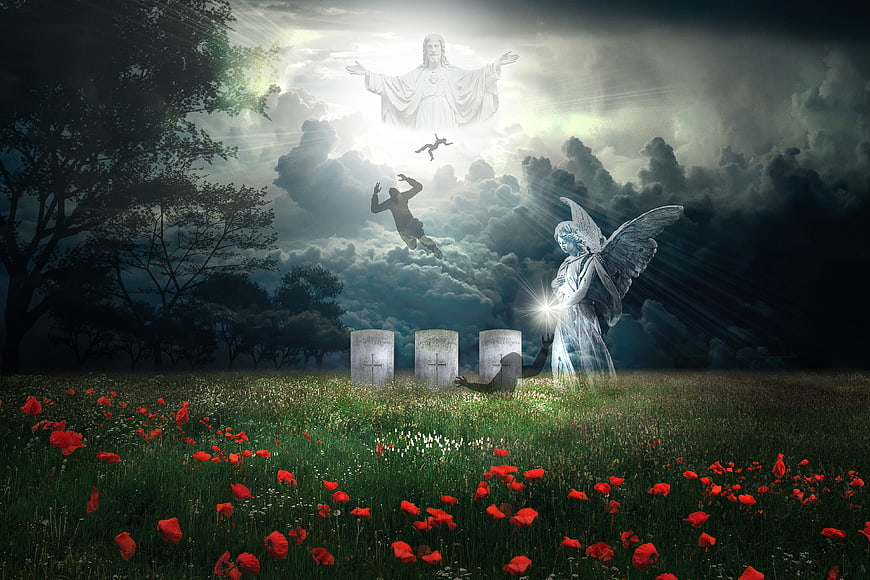 Religious Resurrection Concept with Angel and Jesus in Clouds