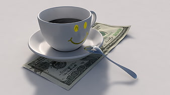 3D Render of Coffee Cup with Smiley Face on Hundred Dollar Bill