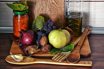 Autumn Harvest Still Life With Grapes, Apple, Onion, and Olive Oil