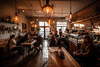 Cozy rustic cafe interior with customers and warm lighting