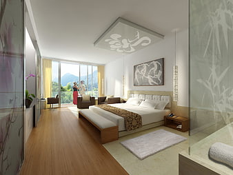 Modern luxury hotel bedroom with mountain view and glass partition