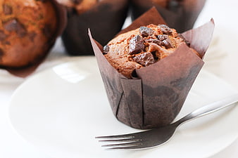 Chocolate Chip Muffin on White Plate with Fork