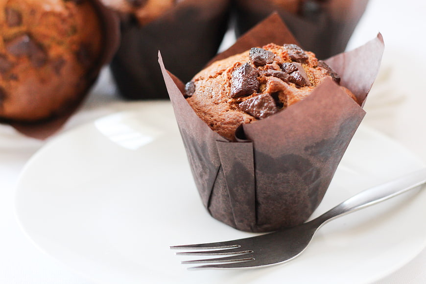Chocolate Chip Muffin on White Plate with Fork