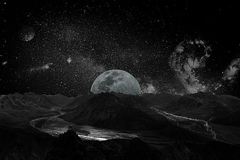 Fantasy alien landscape with giant moon and starry sky