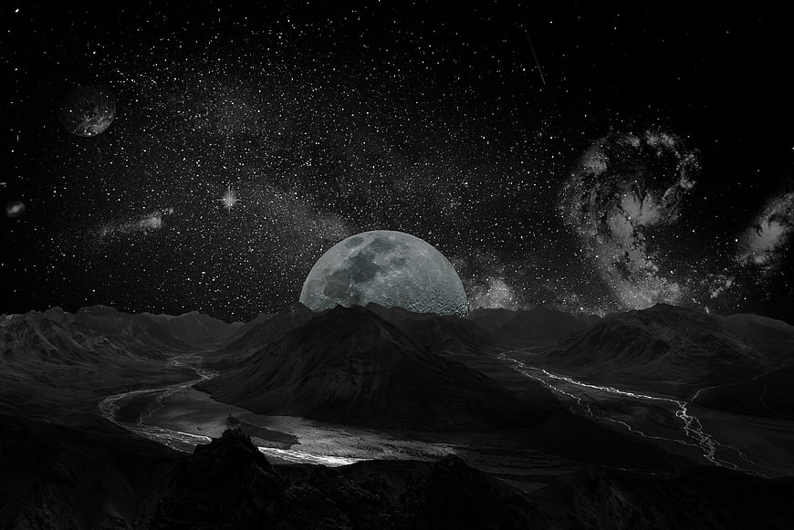 Fantasy alien landscape with giant moon and starry sky