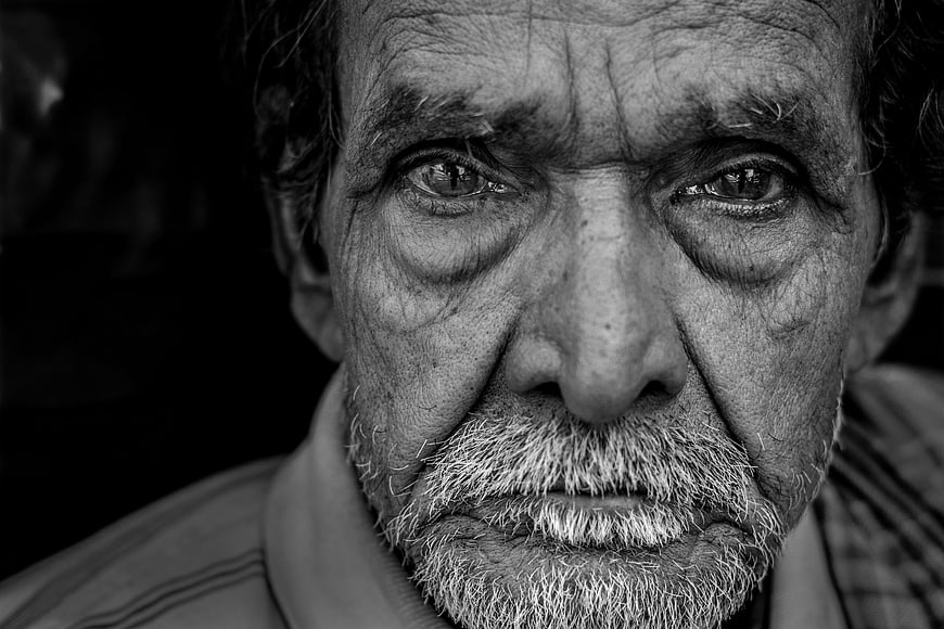 Intense Black and White Portrait of Elderly Man with Weathered Face