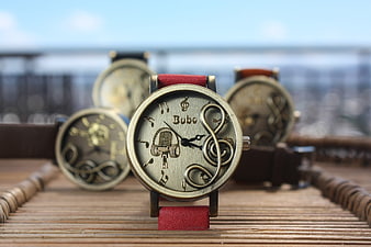 Vintage Music Themed Wristwatch with Red Strap