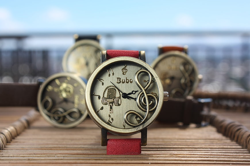 Vintage Music Themed Wristwatch with Red Strap