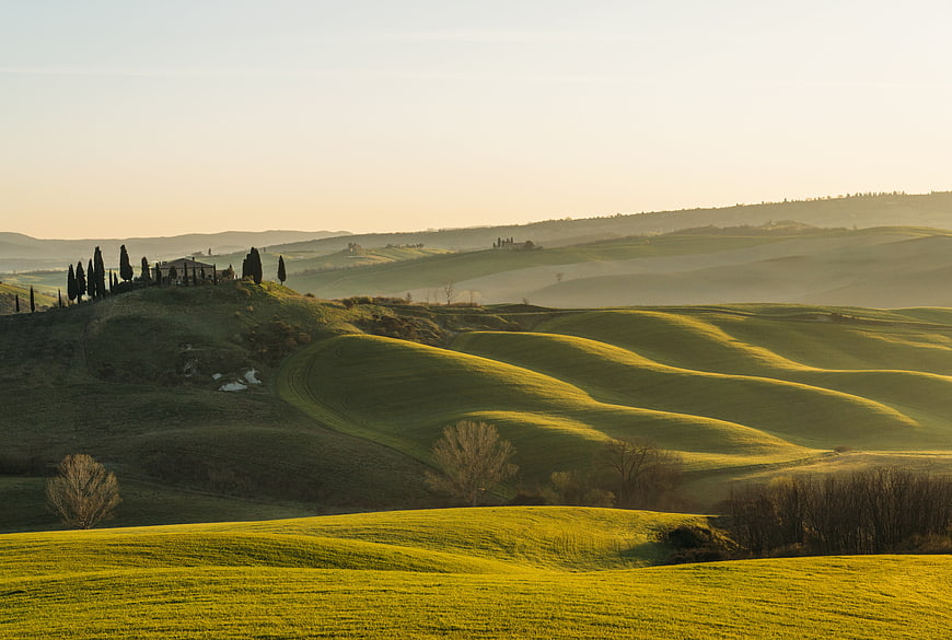 Rolling Green Hills of Tuscany at Sunrise with Cypress Trees