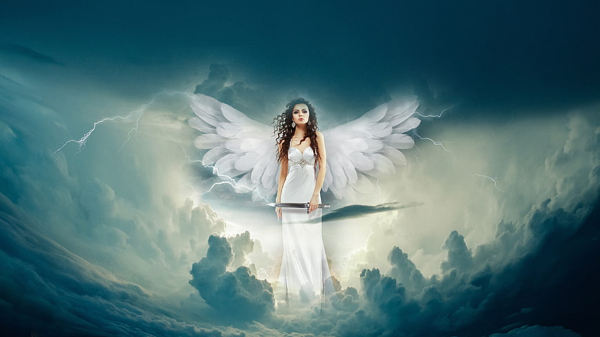 Fantasy female angel with sword in stormy clouds