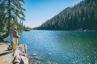 Man fly fishing on a serene alpine lake surrounded by pine forest
