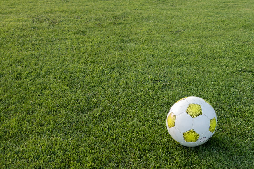 Soccer ball resting on a green grass field