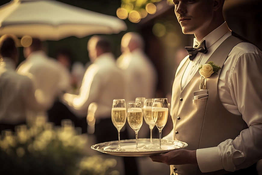 Waiter serving champagne at an elegant outdoor event