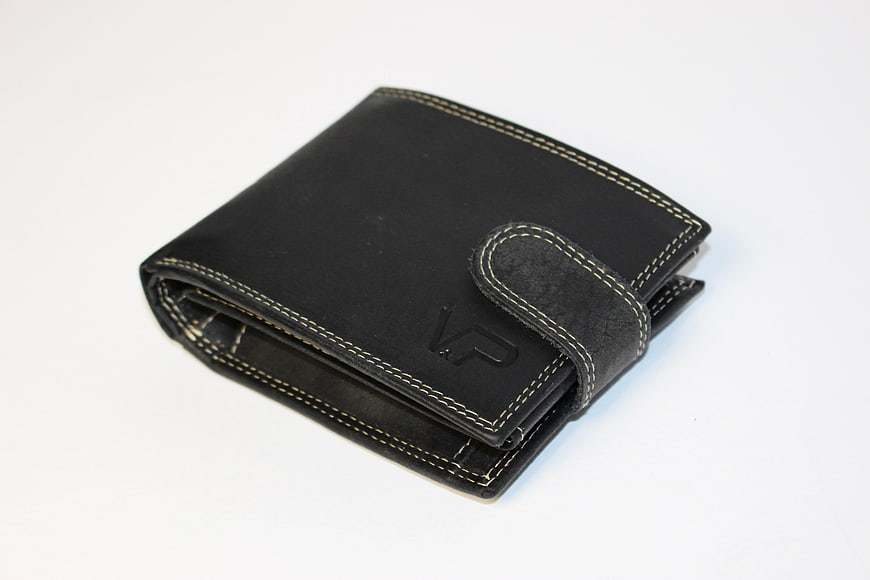 Black Leather Wallet With Contrast Stitching On White Background