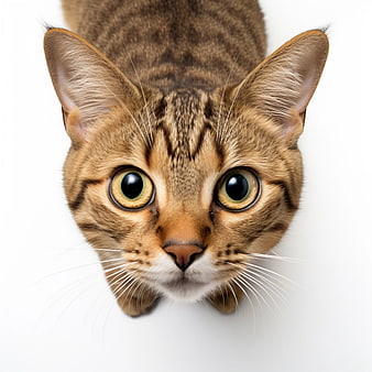 Close-up of wide-eyed brown tabby cat on white background