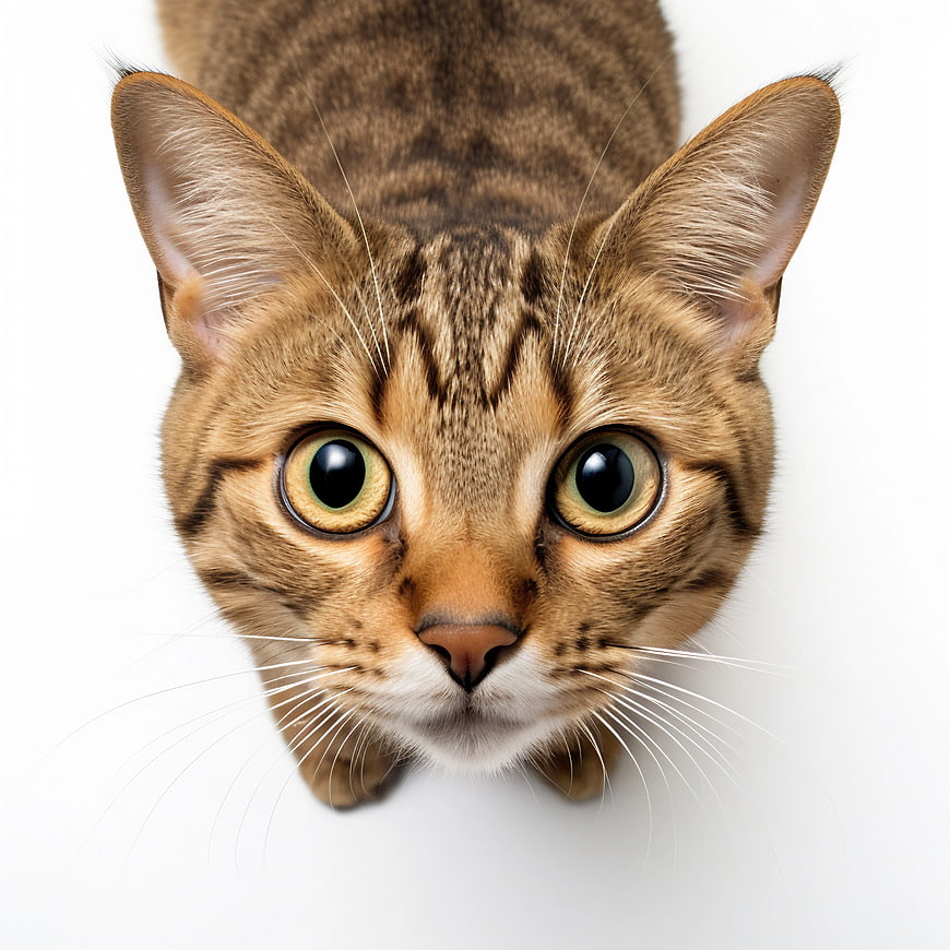 Close-up of wide-eyed brown tabby cat on white background
