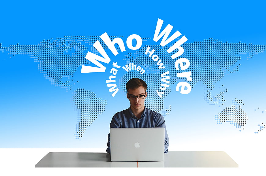 Man with laptop and question words on world map background