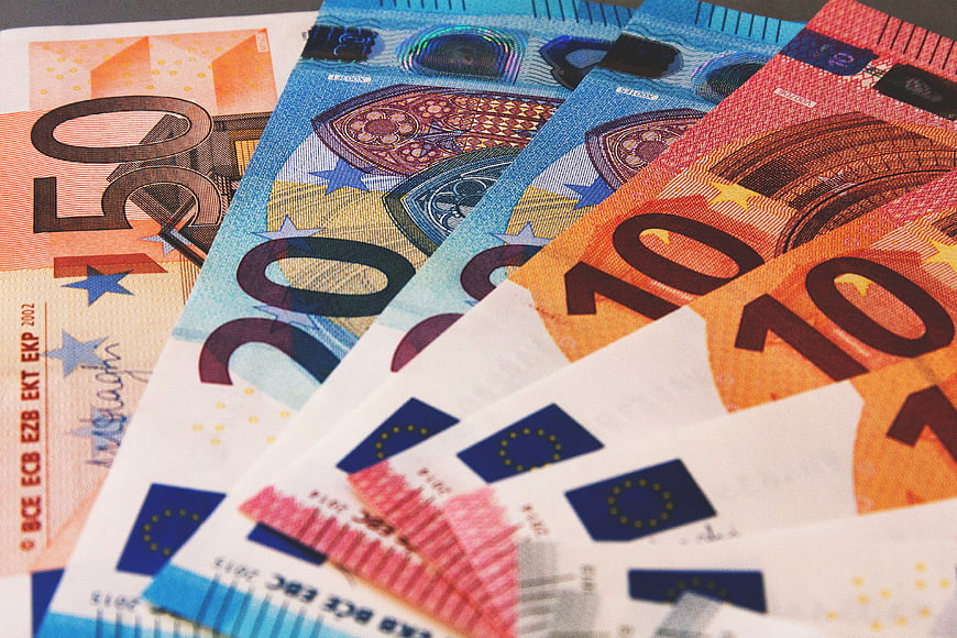 Close-up of Euro banknotes including 50, 20, and 10 euro bills